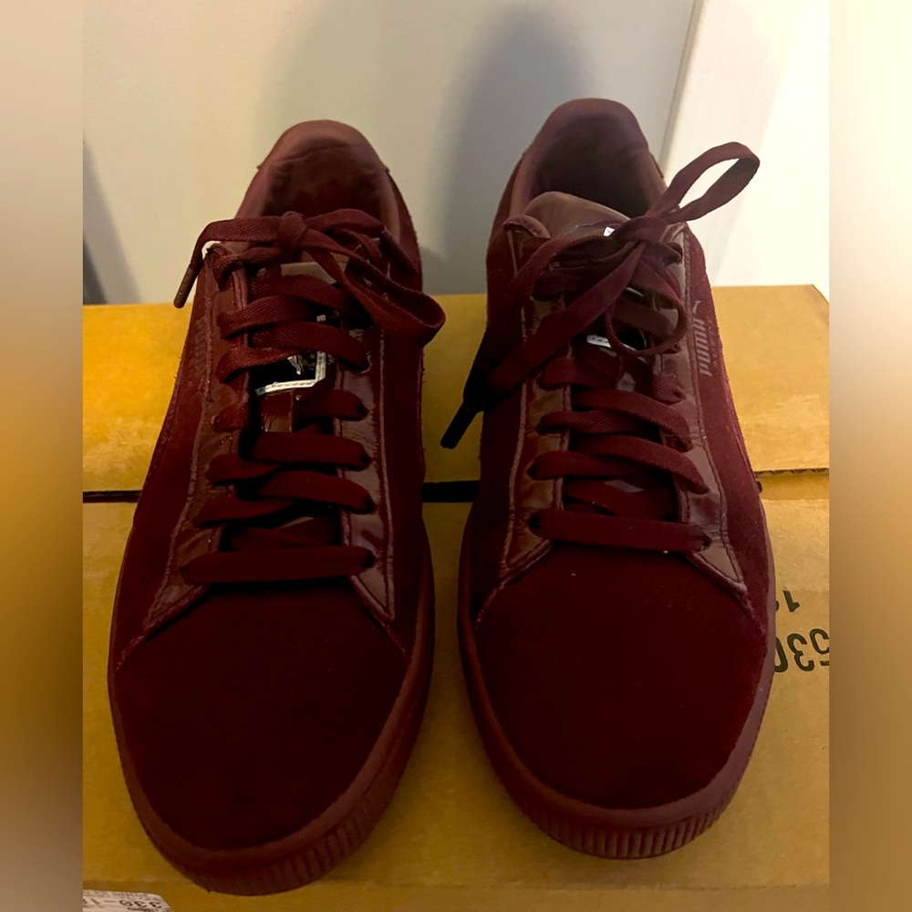 Mac and Puma collab!! Burgundy suede low top sneakers.